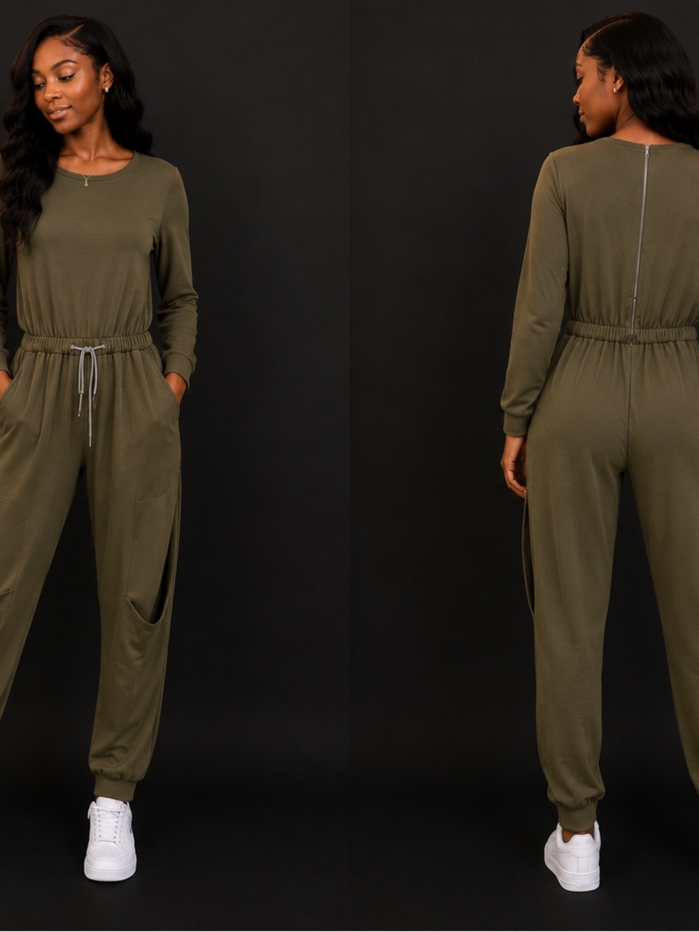 Fashion Nova Olive Green Drawstring Waist Jumpsuit